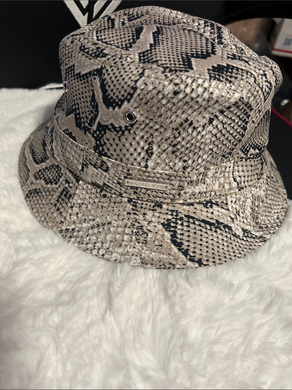 Michael Kors Beige and Black Snakeskin-Print Bucket Hat